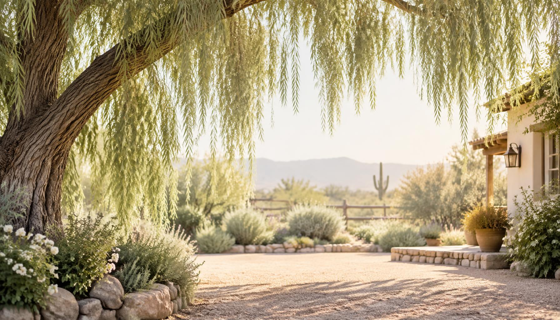 A graceful willow tree beside a sunlit cottage garden